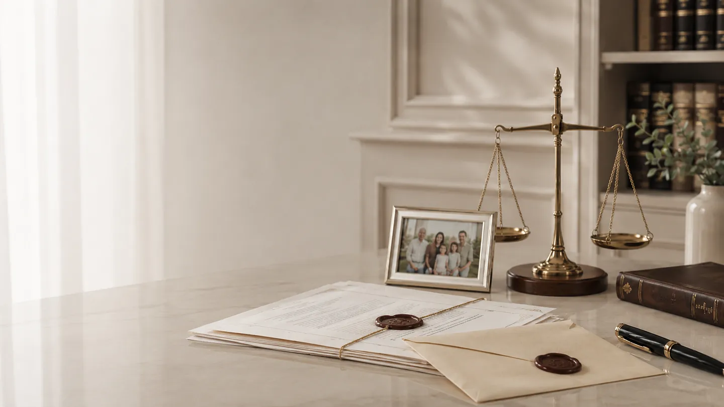 Escritorio con balanza de justicia, testamento lacrado y retrato familiar